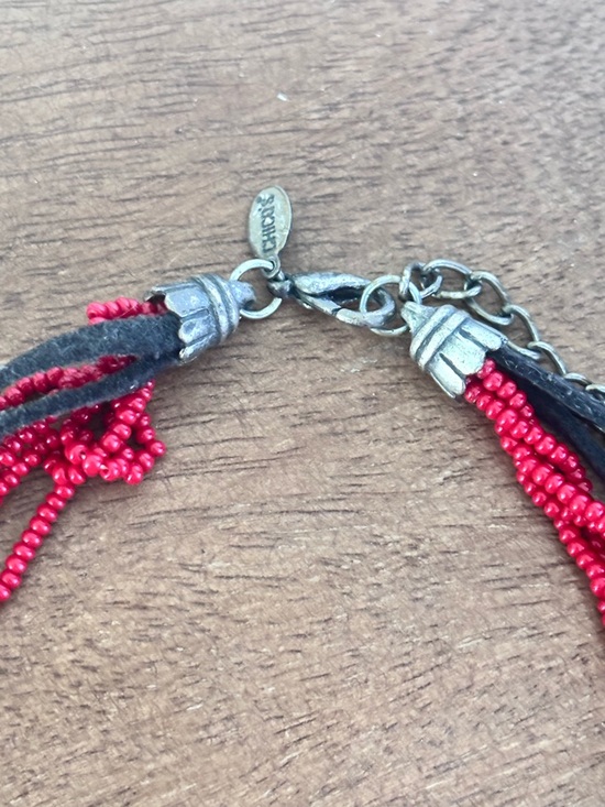 Chico’s Red Beaded Statement Necklace Asian Symbol Pendant Boho Bold - Picture 5 of 5